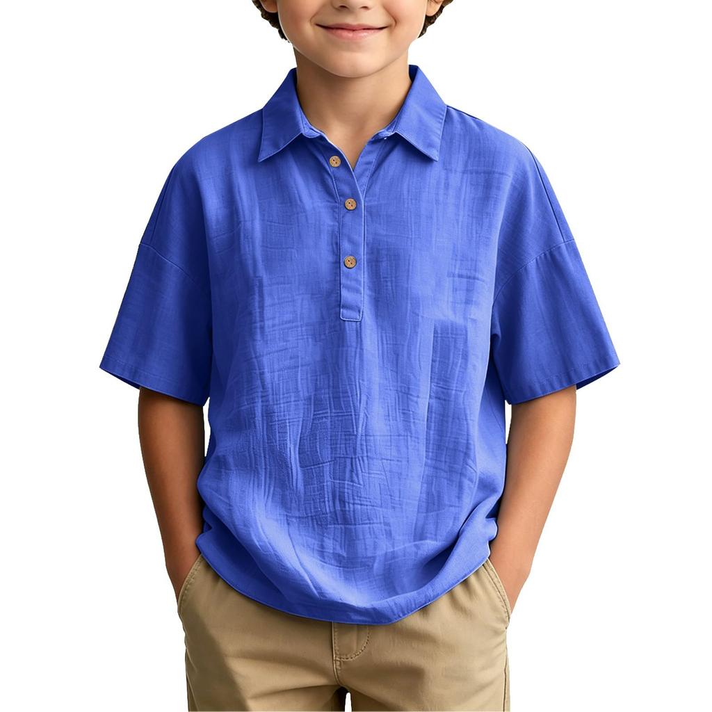 Boys Short Sleeve Shirt Cotton Linen Blend Lightweight Breathable Summer Casual Top with Button Placket and Classic Collar for Kids