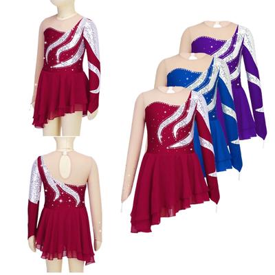 Kinder Mädchen Pailletten Dekor Langarm Tanzkleid Eiskunstlauf Gymnastik Performance Kleid