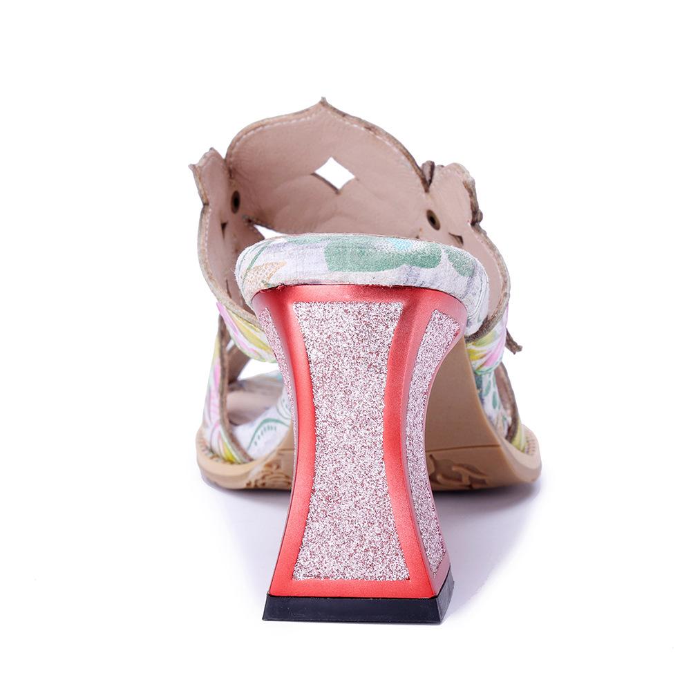 Johnature Retro Three-dimensional Flower Colored Fashion Slippers Genuine Leather Printed Coarse Heel Sandals