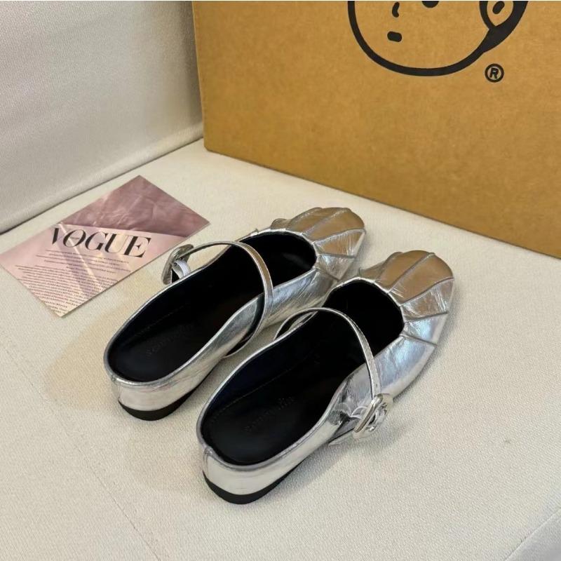 Baotou Half Slippers Women's Summer Outer Wear Sheepskin Inner Height Increase Small Lazy Pedal Silver Mary Jane Women's Shoes