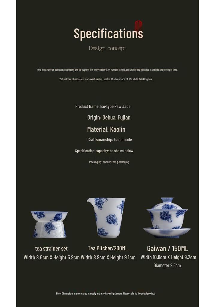 Ice Jade Porcelain Blue & White Gaiwan Tea Set with Gong Dao Bei & Strainer - 3-Piece Kung Fu Style