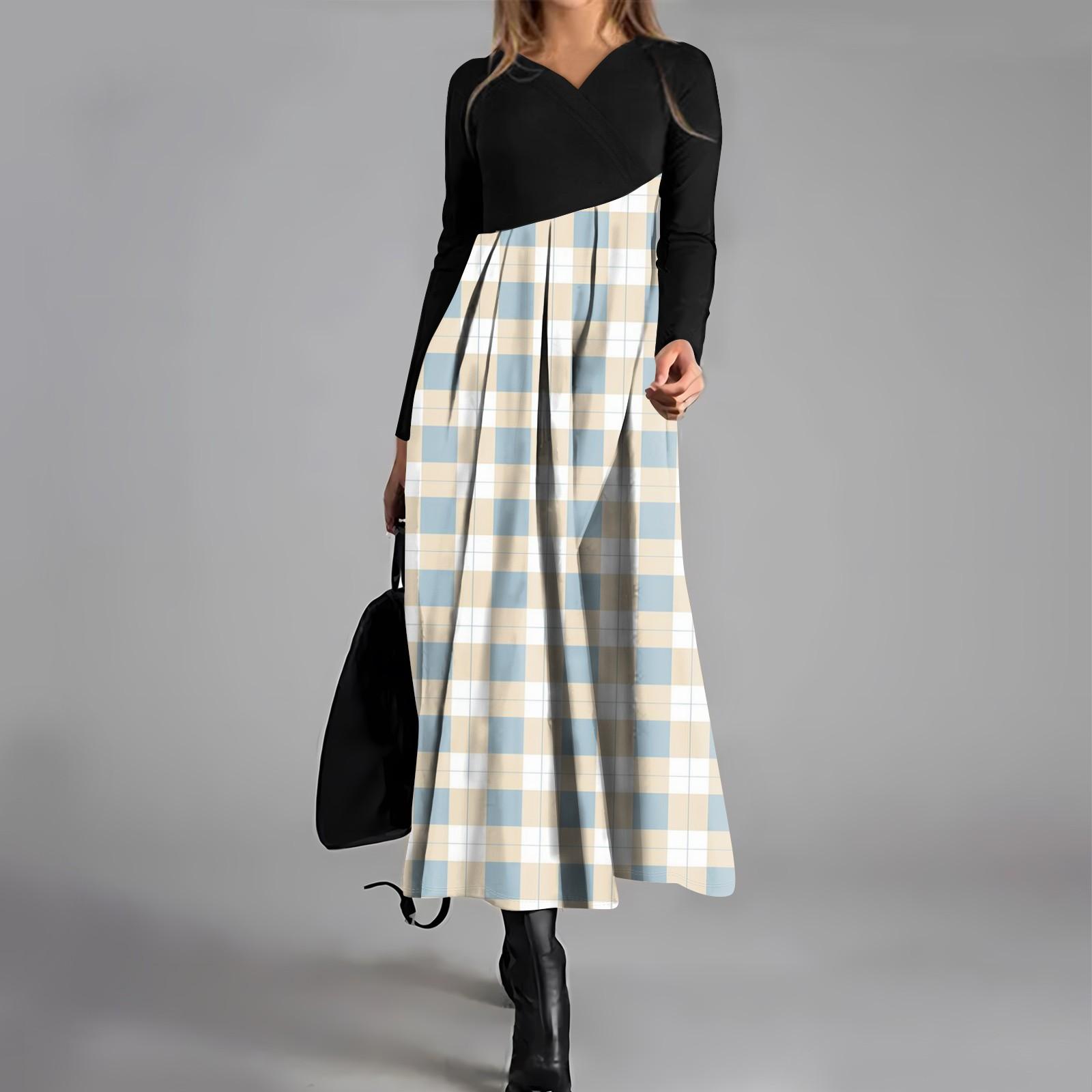 

Женское повседневное платье с V-образным вырезом, длинными рукавами, клетчатым принтом, карманом на талии и свободным кроем L бежевый