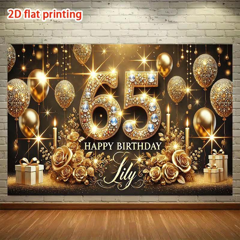 Sfondo 2D Nero Oro per 65° Compleanno, Banner Sfondo Fotografico per Festa 65 Anni con Diamanti