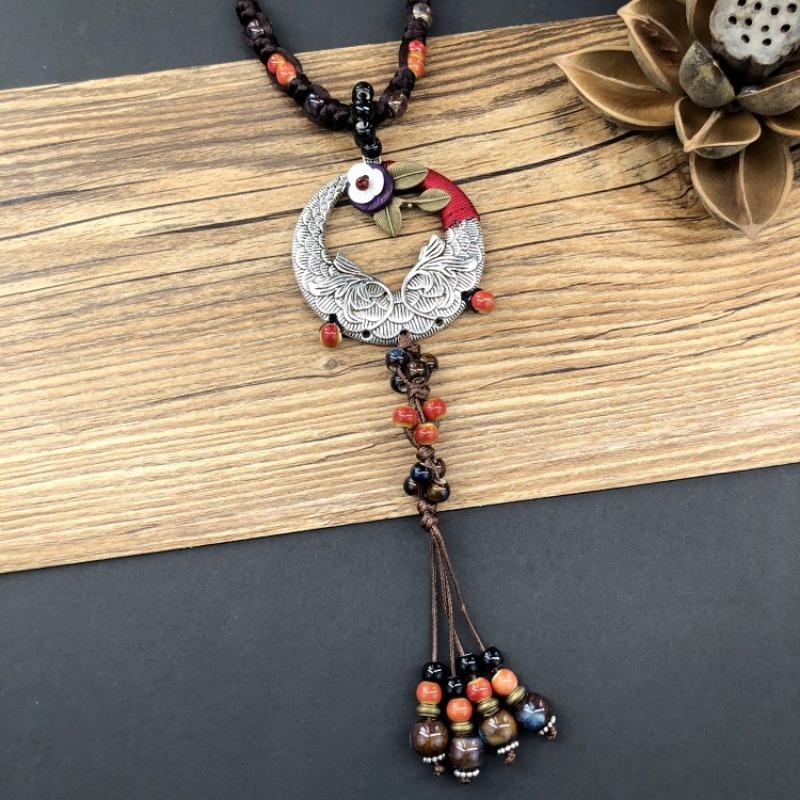 Retro literarische Baumwolle und Leinen Keramikkette, vielseitige lange Pulloverkette für Damen mit Quastenanhänger-Accessoires