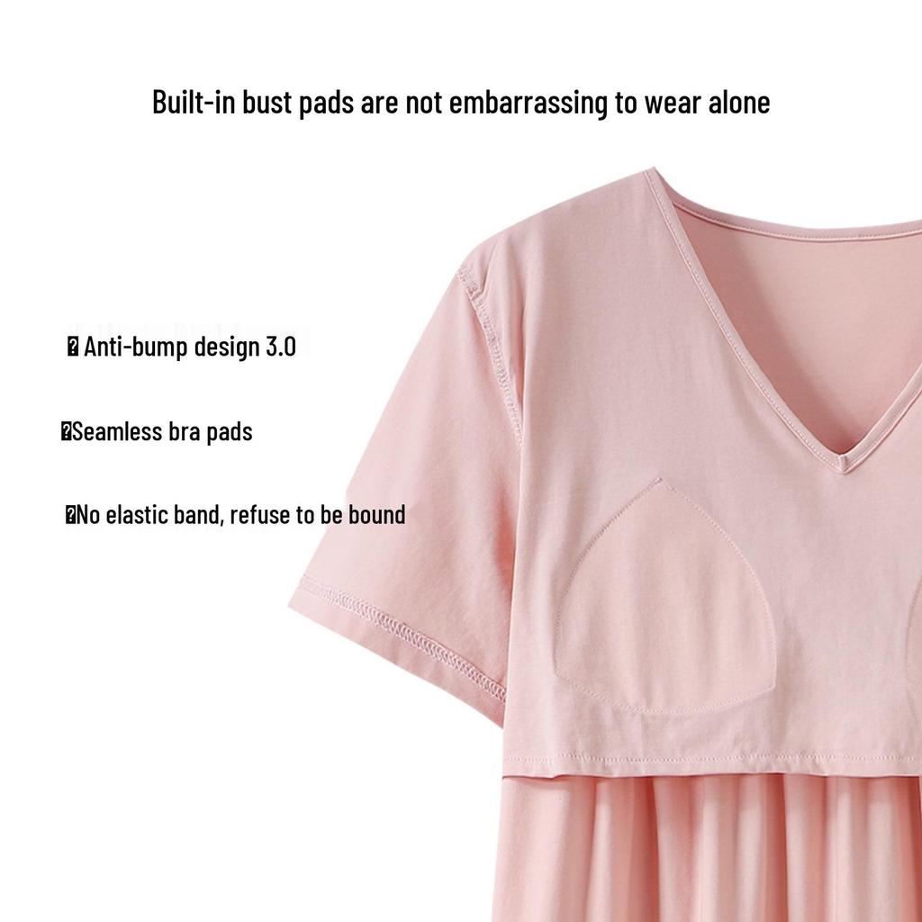Women's Summer Cotton Lace Nightgown with Chest Pads, Short Sleeve, Mid-Length, Plus Size