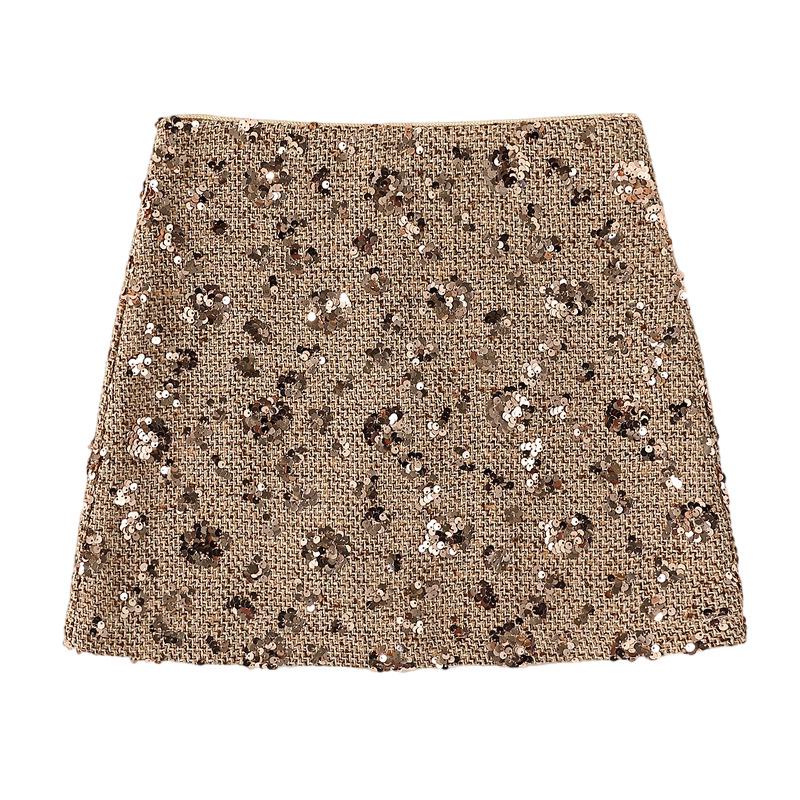 Women's Autumn/Winter 2025 Sparkling Sequin Wool A-Line Skirt - High Waist, Hip-Hugging, Slimming Short Skirt