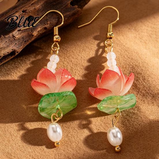 Lotus Flower Earrings 1 Pair for Women Vintage 3D Pink Dangle Pearl Drop Earring Faux Crystal Floral Jewelry Hanfu Cosplay Accessories Fashion Face