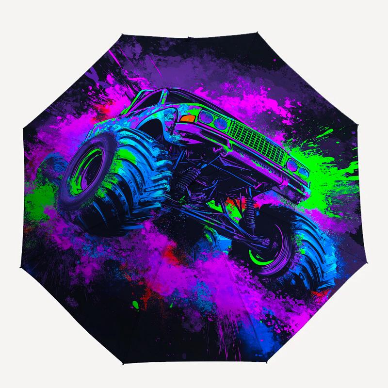 Monster Truck, Neonfarben Automatischer Regenschirm einfaches Acht-Rippen-Design, leuchtendes Farbmuster, stabiler Eisenrahmen, ideal für Reisen a
