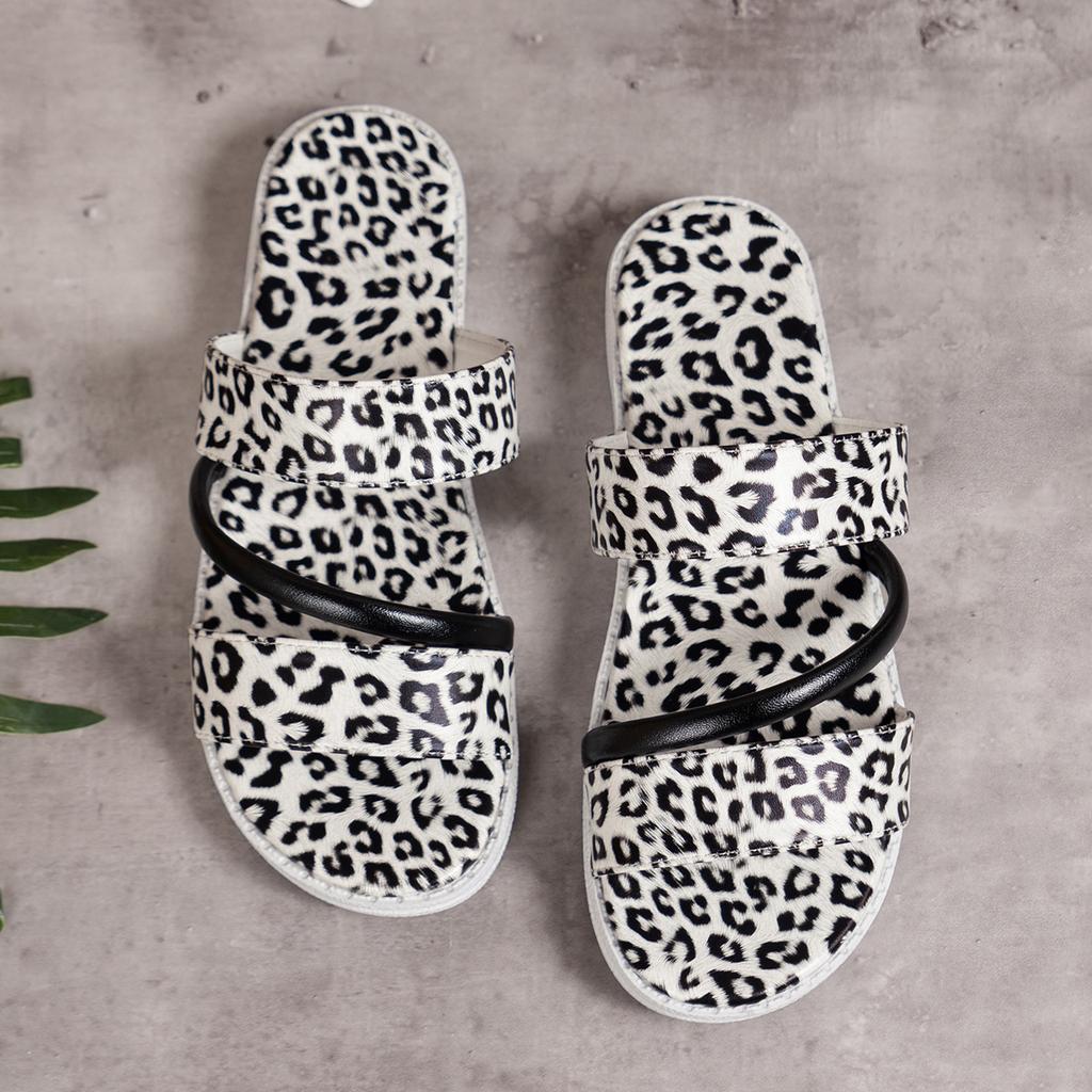 Large Size Women's Sandals New Leopard Print Flat Bottom One Word Fashion Sandals Women