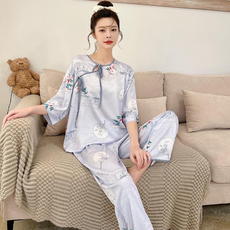 Women's pajamas new spring and summer ice silk comfortable and high-end new Chinese style loungewear set retro thin
