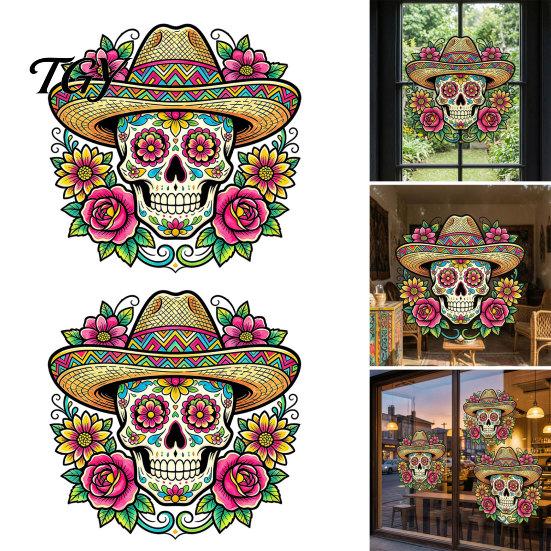 Décoration de Fête Latino-Américaine Fleur Crâne Sticker Mural, Décoratif Créatif Doux Décorations Cadeaux Autocollants du Jour des Morts, PVC Imperméable Amovible