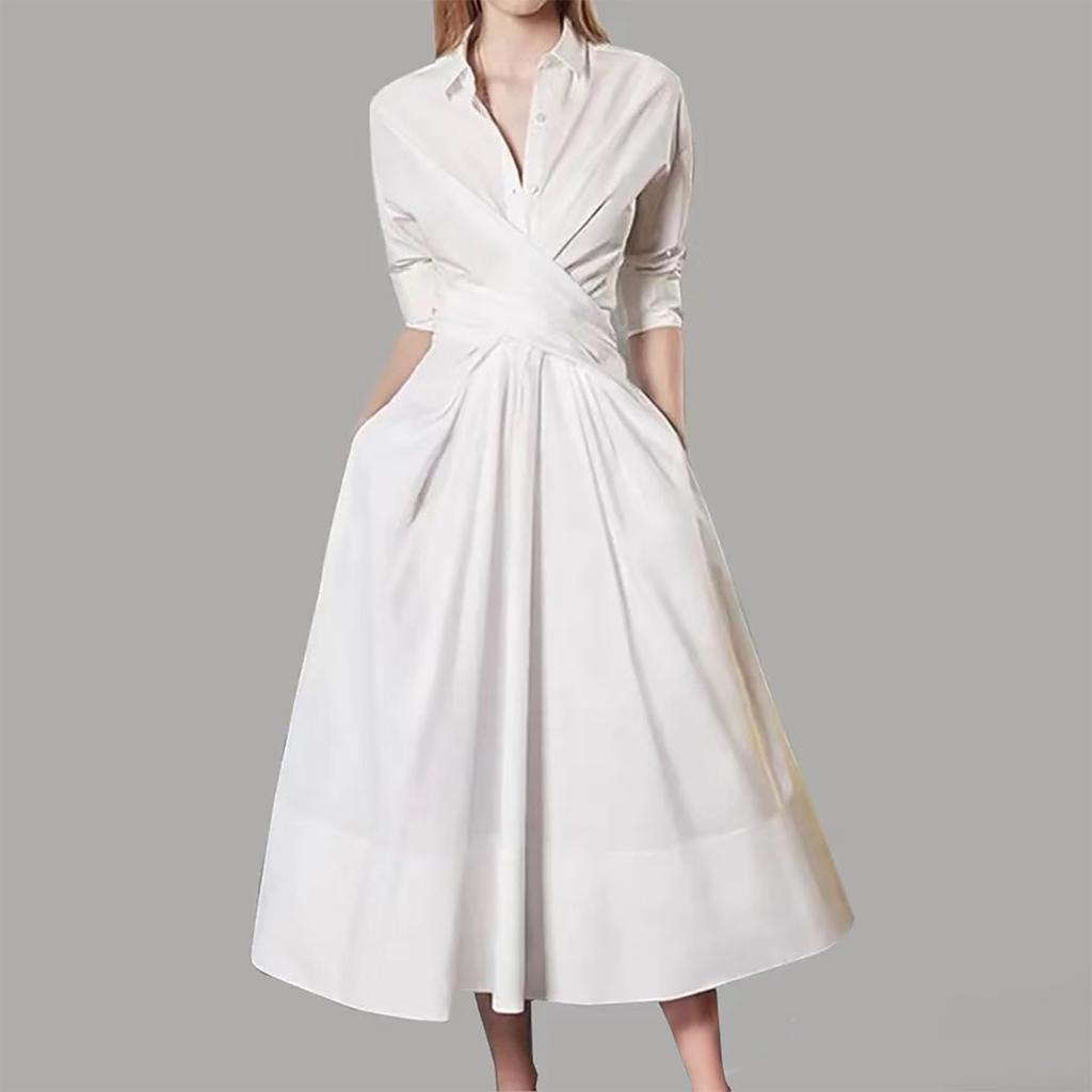 Women's High Waisted Slim Tie Up POLO Collar Temperament Commuting Solid Color Dress