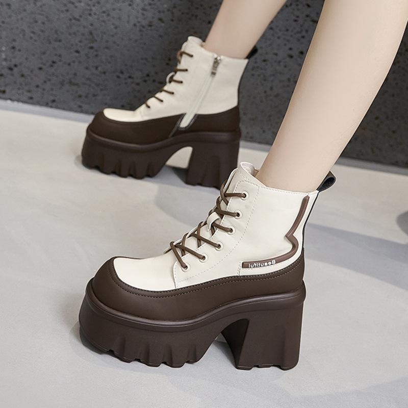 Dicksohlige Martin-Stiefel für Damen Herbst und Winter 2025 neue hochhackige dickabsatzige innen erhöhende mittelhohe Schaftstiefel Muffin vielseitig t