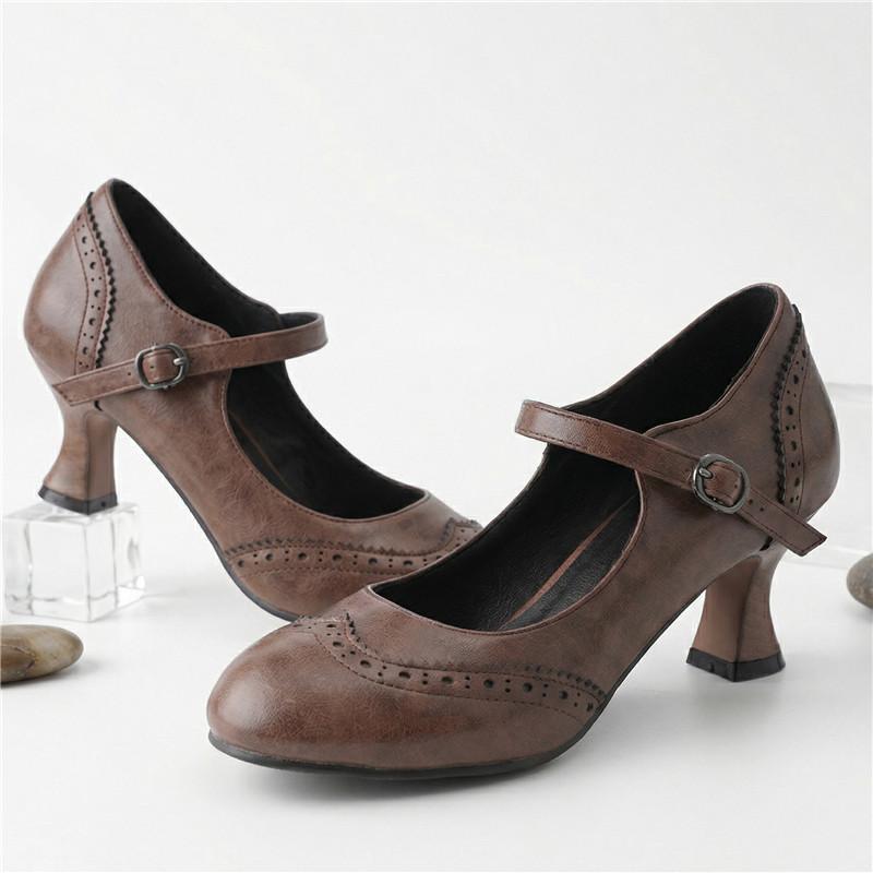 Dames hoge hakken lente en zomer nieuwe dunne hak retro gesp lichte mond enkele schoenen grote maat lage schoenen