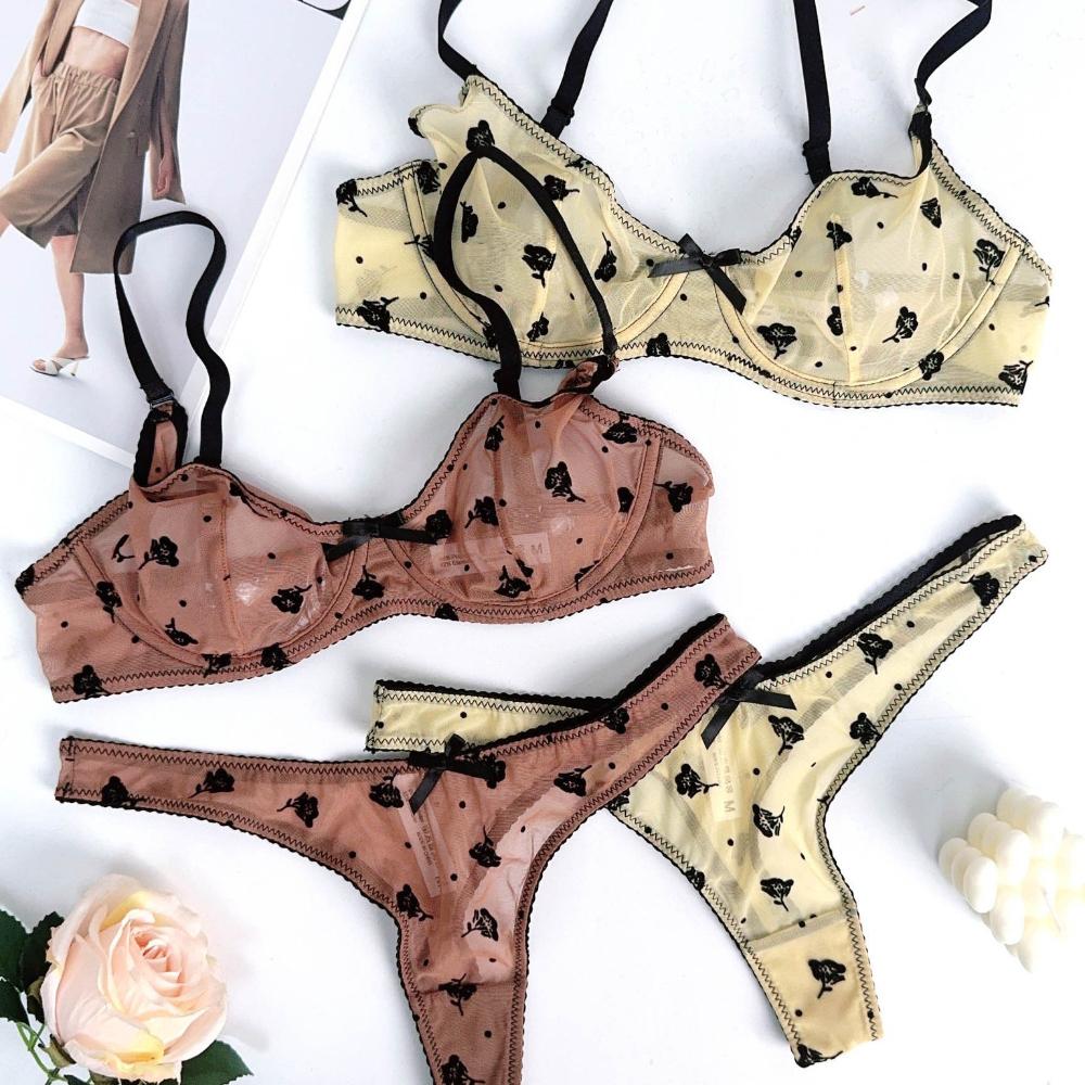 French Ultra Thin Women Underwear Set Sexy Flocking Push Up Bra Summer Ladies 6 Color Mesh Breathable Lingerie and Thong Sets