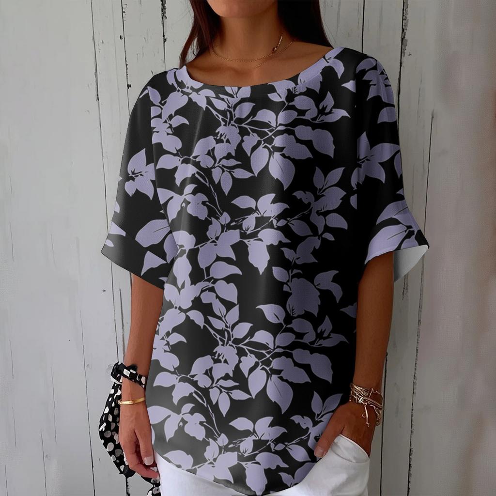 Women's Fashionable Casual Round Neck Printed Top Loose Top Printed Top Loose Top