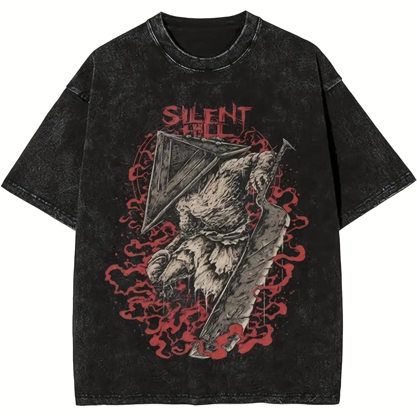 

Men s Silent Hill Graphic T-Shirt Vintage Crewneck Short Sleeve Tee Loose Fit Cotton Black with Fierce Creature Tee L