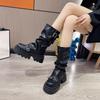 Botas Plataforma de Salto Grosso Estilo Britânico Feminino, Botins Martin Meia-Canela Retrô Outono 2024