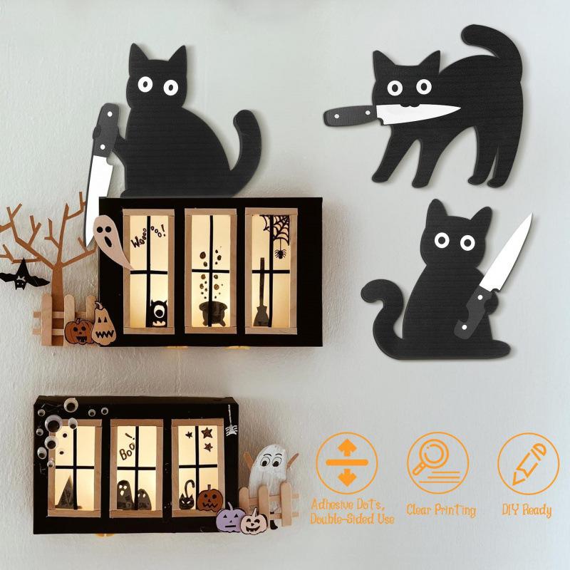 Beliebtes Schwarze Katze Halloween Wanddekoration 3-teiliges Set Mit Messer Holzhandwerk Anhänger für Kätzchen