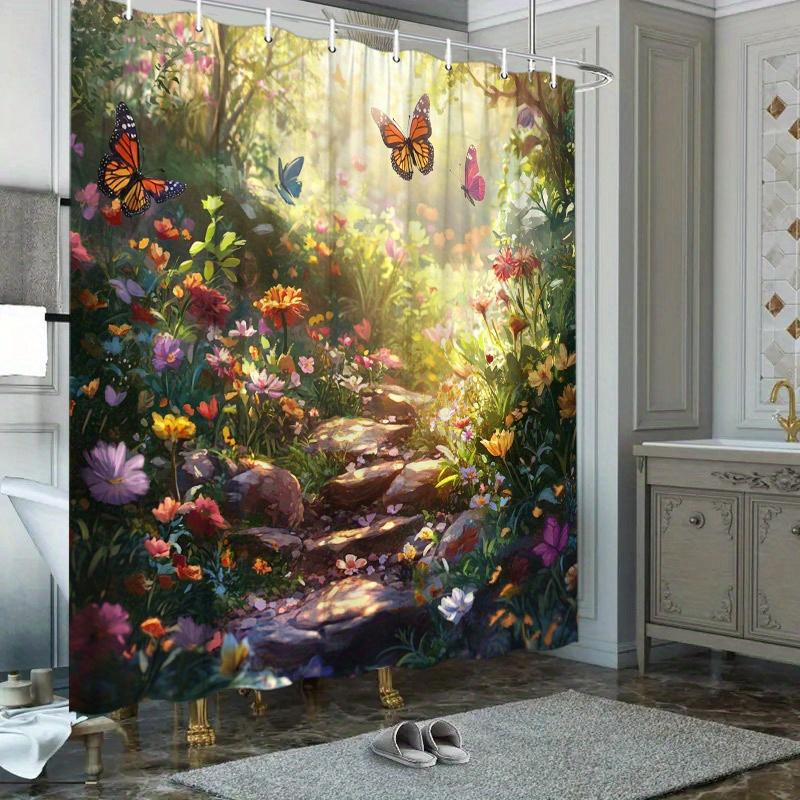 1pc Whimsical Garden Path Shower Curtain - Colorful Butterflies & Flowers, Soft Sunlight, 70.8x70.8", Polyester,Washable