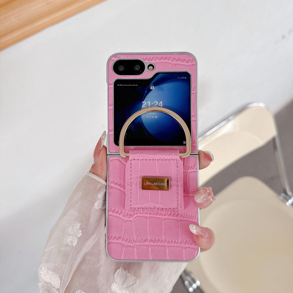 Hand Carry Ring Folding All-Inclusive Protective Cover for Samsung Z Flip7/6 Z Flip3/4/5 Crocodile Pattern PU Leather Phone Case