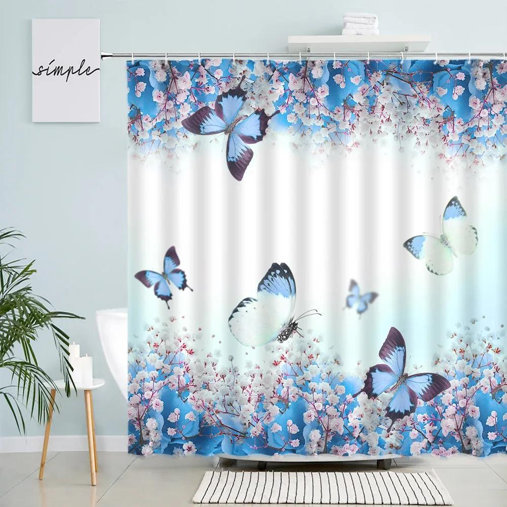 

Blue Floral Butterfly Shower Curtain Natural Pink Rose Watercolor Art Flowers Bath Curtains Waterproof Fabric Bathroom Decor Set 90x180cm-35x70in