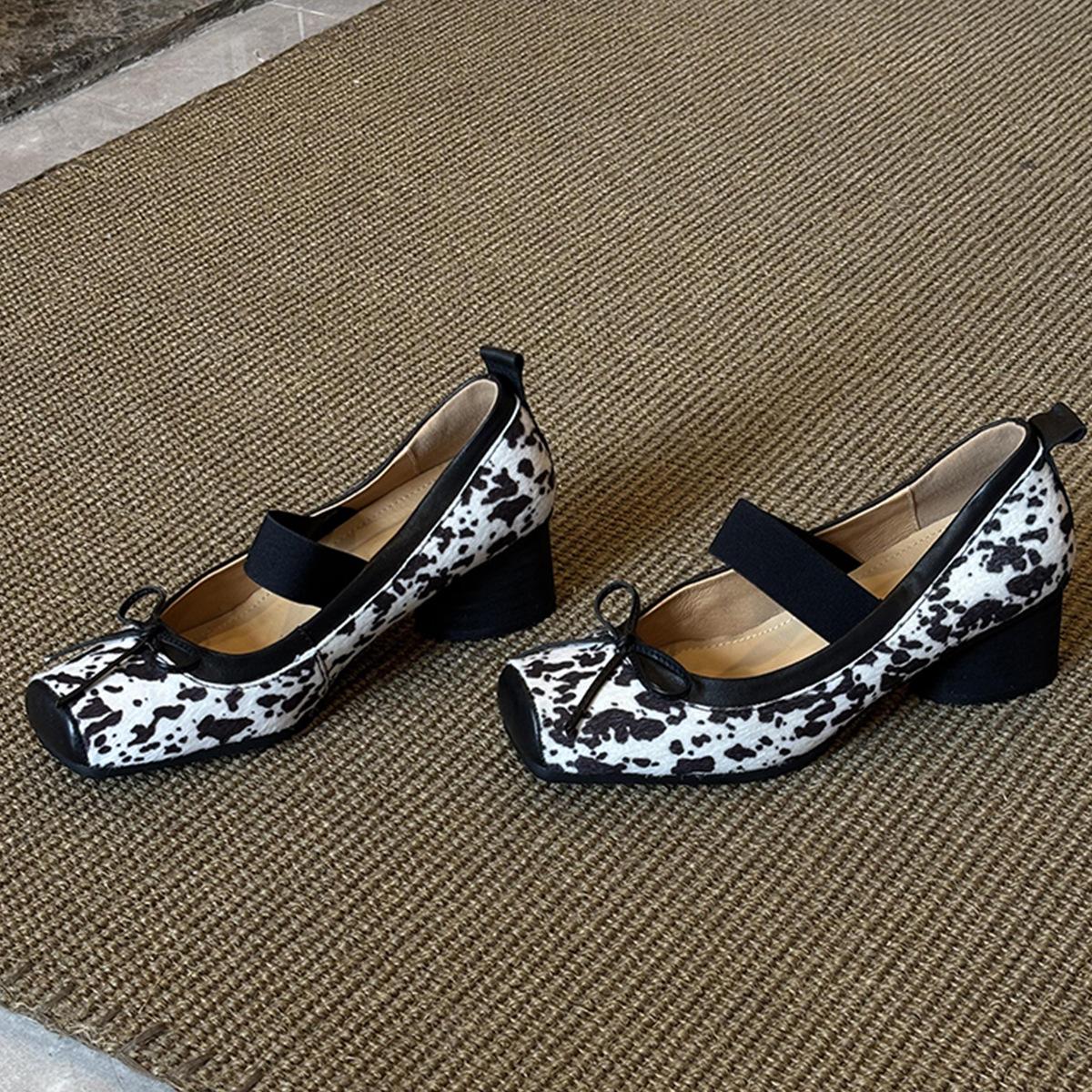 

Sheepskin version~ French temperament square head spotted ballet shoes women s bow word with thick heel soft sole Mary Jane shoes 40