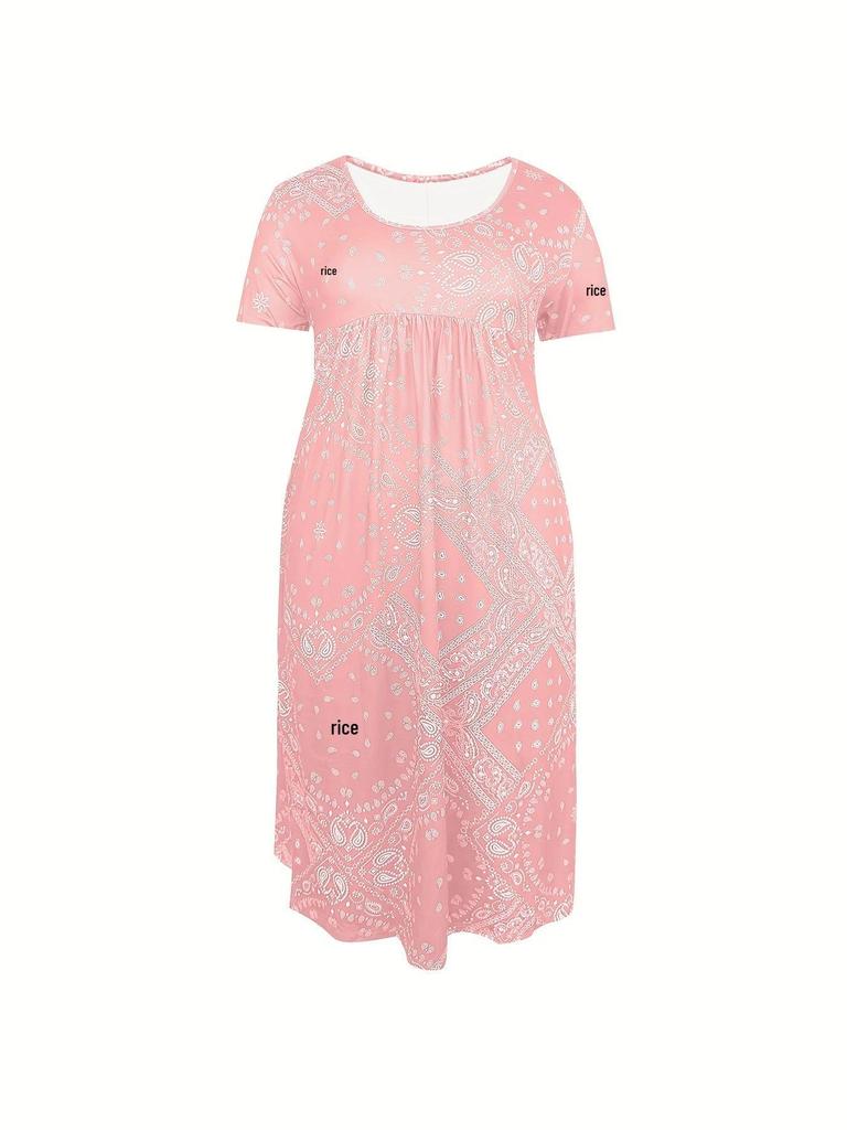 Europäisches & Amerikanisches Sommer Retro Print Mittelhoher Taillenlanger Kleid - Kurzarm, Rundhalsausschnitt, Bequemer Lässiger Stil Pullover