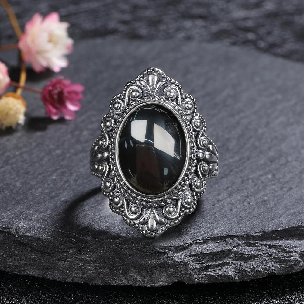 Vintage 925 Sterling Silver Black Onyx Ring Oval Shape Natural Stone Certified Fine Jewerly Retro Silver Rings for Women Men
