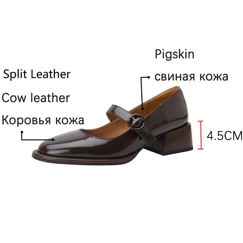 Fashion New 2025 Split Leather Mary Jane Women's Shoes Buckle Shallow Heel Pumps Spring/Autumn Square Toe Shoes Woman Zapatos De Mujer