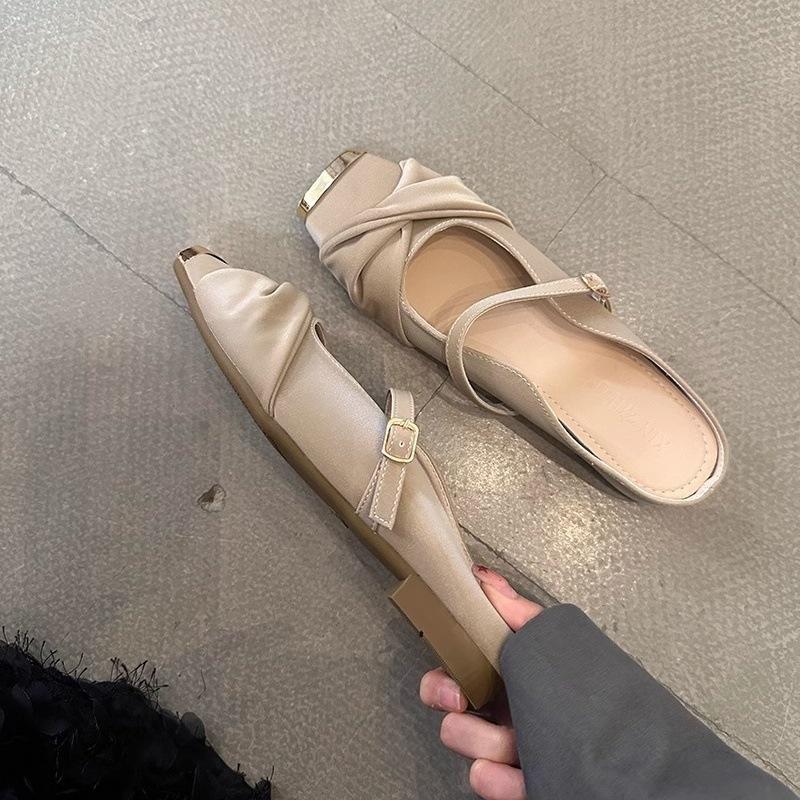 Metal square head flat heel half drag 2025 spring bag head soft leather soft sole slippers women wear one word with Mary Jane shoes
