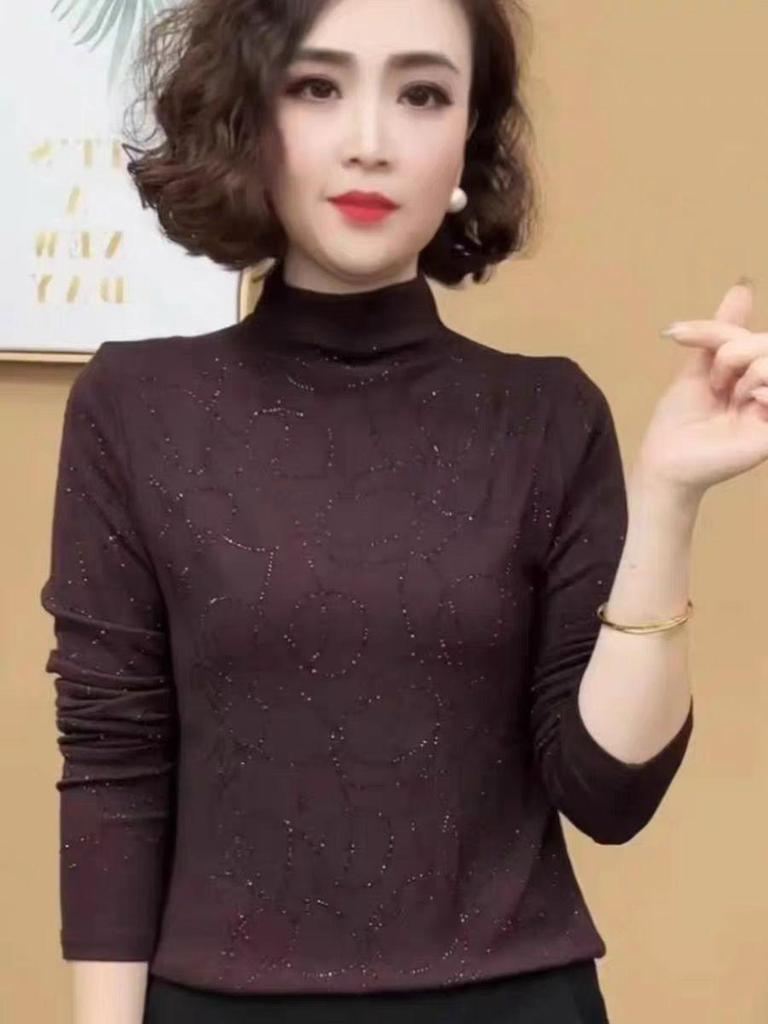 Stylish Rhinestone Long Sleeve Warm Top for Middle-Aged Women - Age-Reducing Autumn/Winter Design