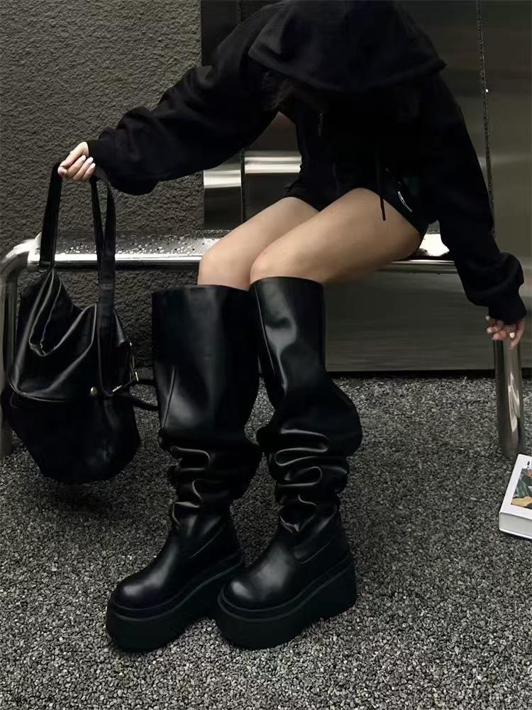 

Женские ботфорты на платформе, модные плиссированные, с круглым носком и квадратным каблуком, кожаные ботинки, черные, для вечеринки, женская обувь, большой размер 35-40 40