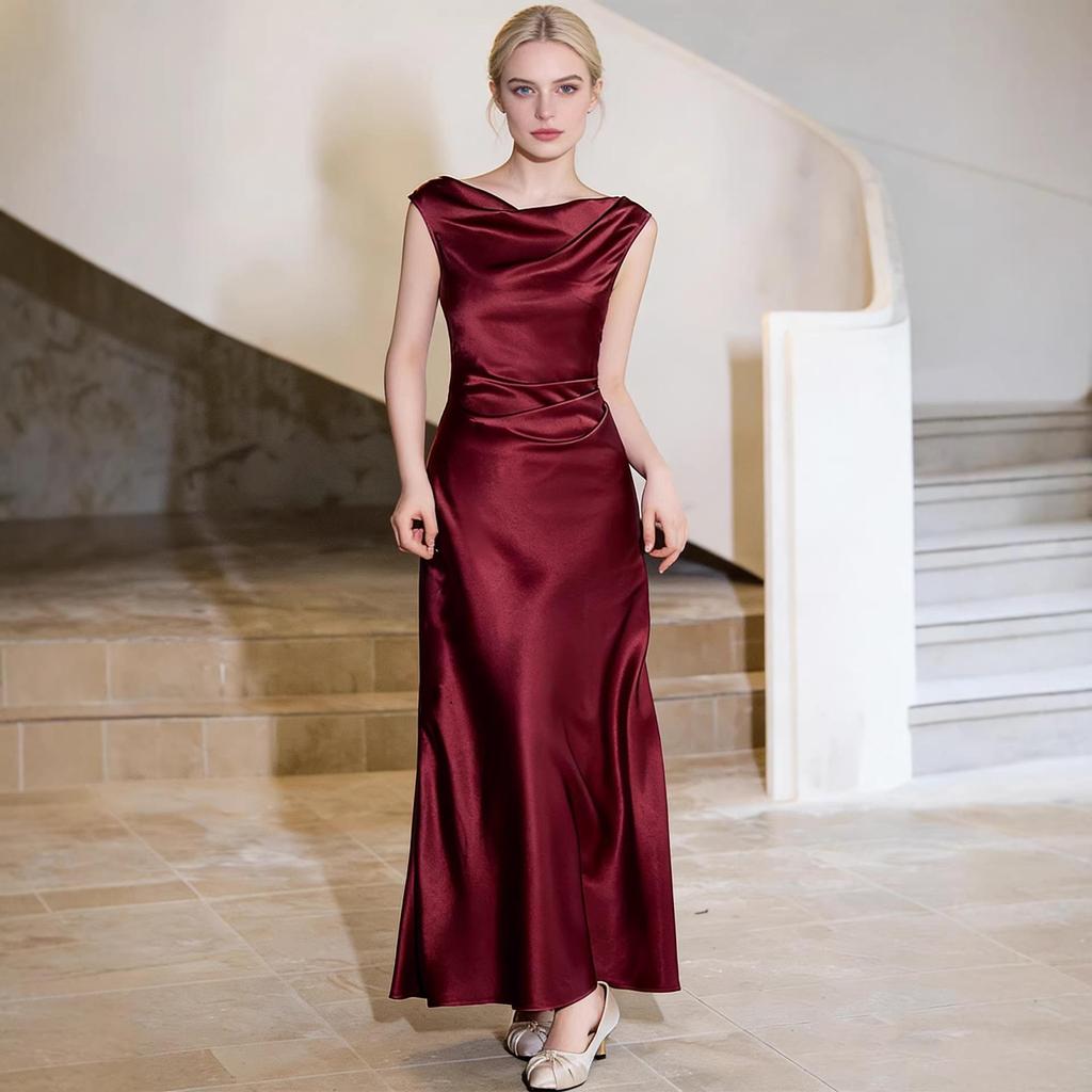 Haute Couture French Satin Draped Neck Resort Wedding Evening Gown for Women