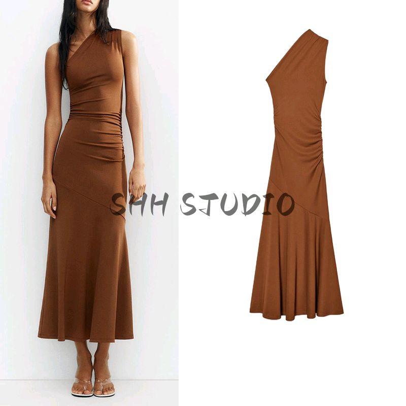Women's Spring Clothing Ins Style Ruched Decoration Asymmetric Cold-Shoulder Sleeveless Elegant Long Dress 5039314