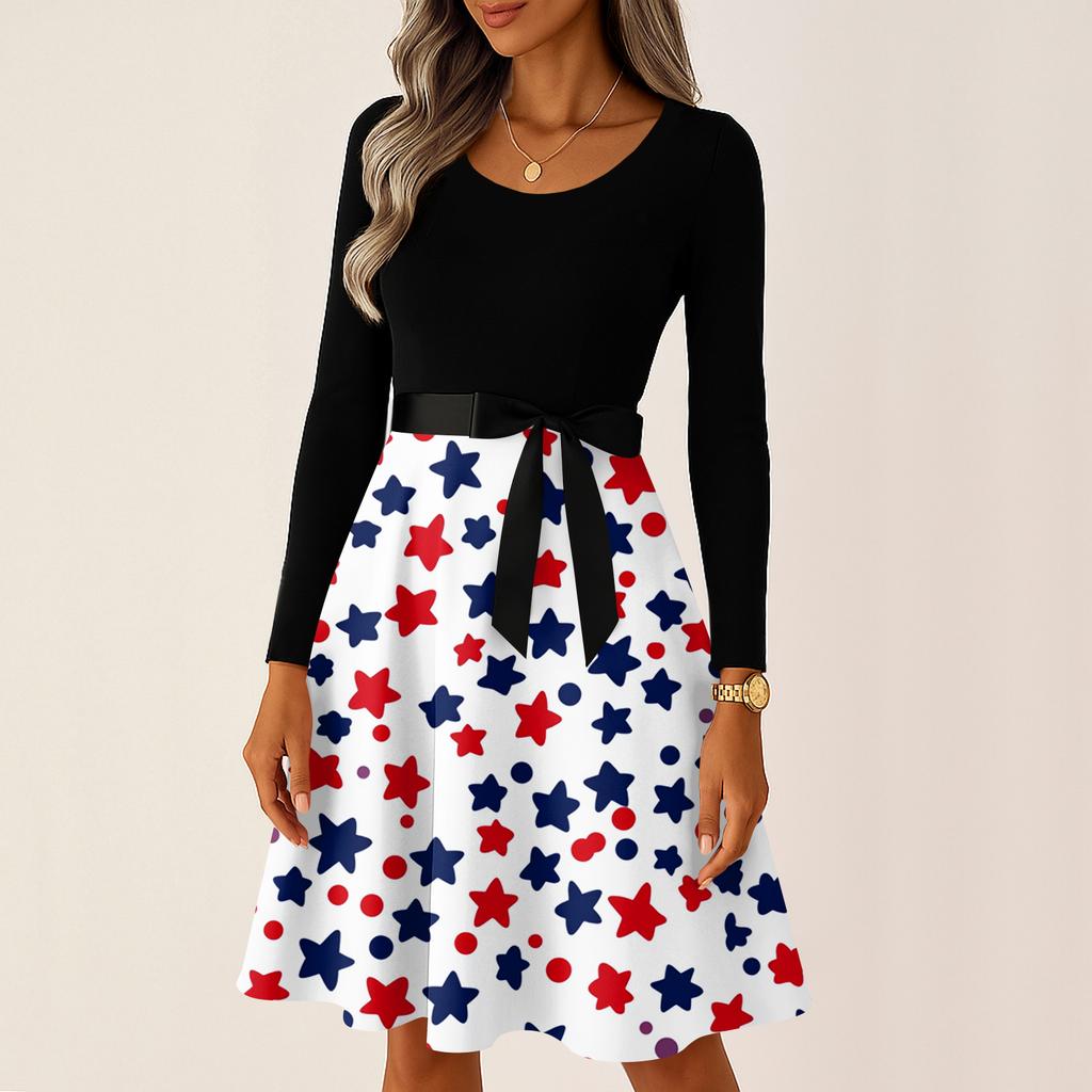 Ladies' Casual And Fashionable Round Neck Long Sleeved Retro Independent Day Print Retro Dress