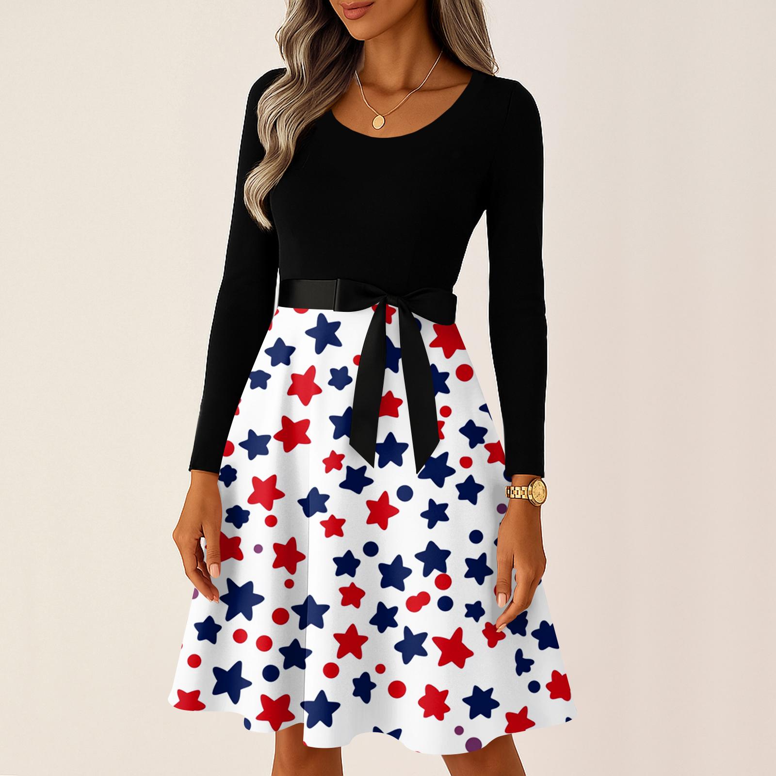 

Ladies Casual And Fashionable Round Neck Long Sleeved Retro Independent Day Print Retro Dress XL білий