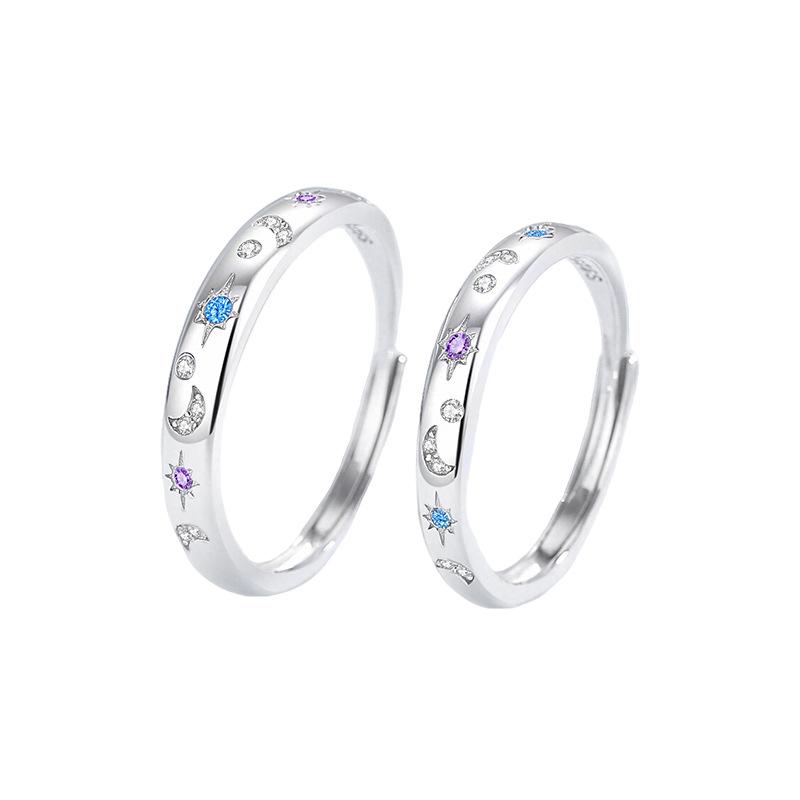 Tichia Star & Moon S925 Sterling Silver Adjustable Unisex Couple Rings - Original Niche Design