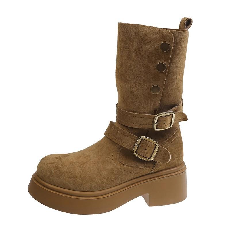 Brown Boots Women's 2025 New Autumn and Winter Retro British Style Super Fire with Skirt Knight Boots Stack Boots