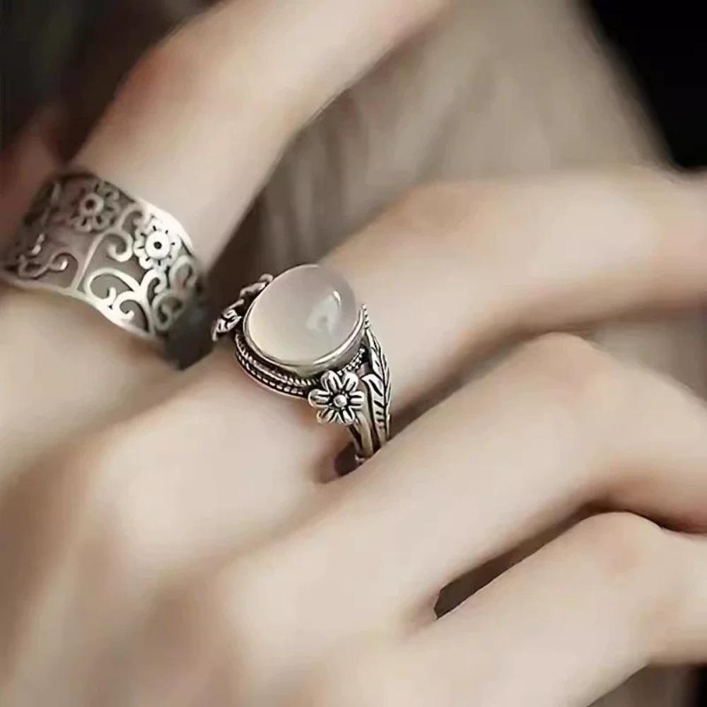 Retro Ring Female Trendy Cold Wind Imitation Agate Chalcedony Index Finger Ring Fashion Flower Open Ring