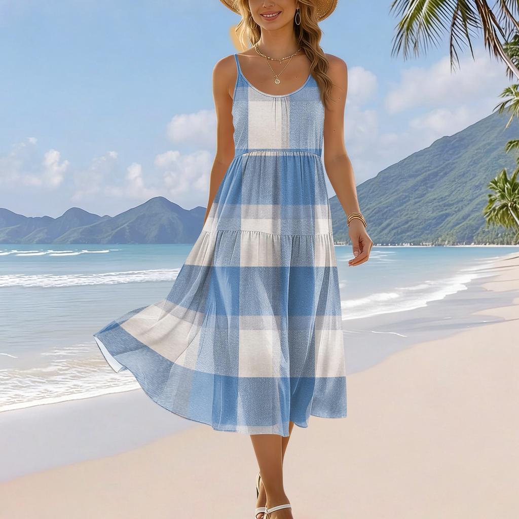 Women's Summer Fashion Printed Pocket Adjustable Shoulder Strap Bohemian Leisure Beach Resort Strap Dress