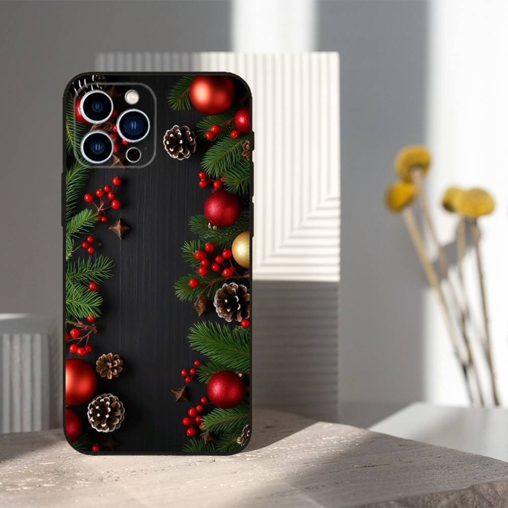 Christmas Art Decorations Phone Case For iPhone 17,16,15,14,13,12,11,Plus,Pro Max,XS,X,XR,SE,Mini,8,7,Soft Silicone Black