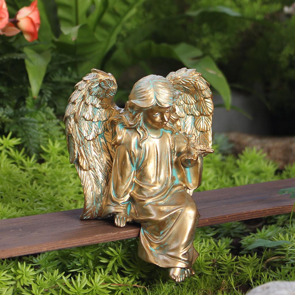 1 bronze angel and bird ornament, garden bonsai statue, home desktop decoration ornament, resin handicraft