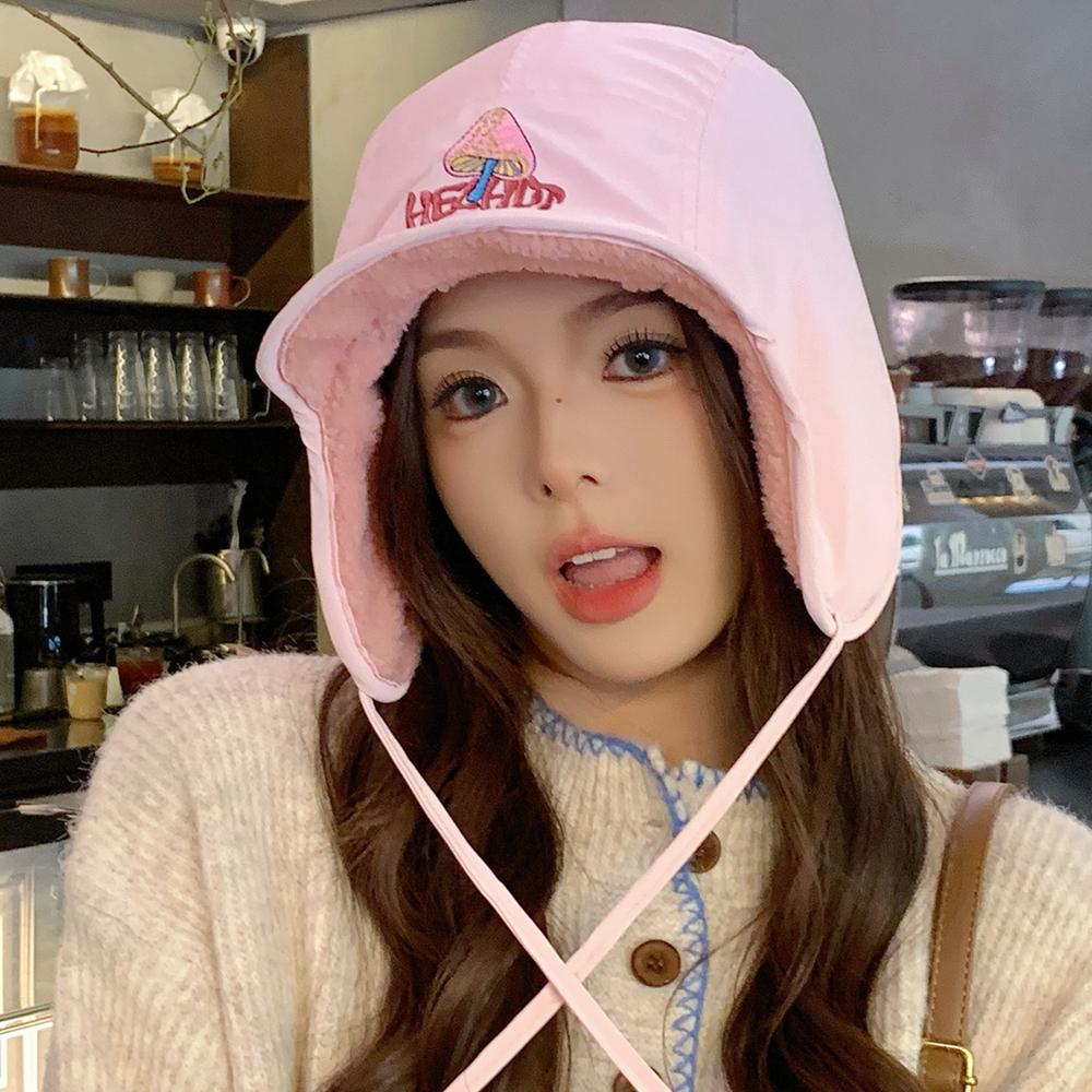 New Pilot Style Hat Fashioh Winter Cap Mushroom Embroidery Warm Bomber Hat Caps For Women Solid Color Girl Hats