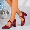 Women Chunky Heels Shoes Strap Pumps Women Elegant Patent Leather High Heels Party Shoes Square Toe Double Ankle
