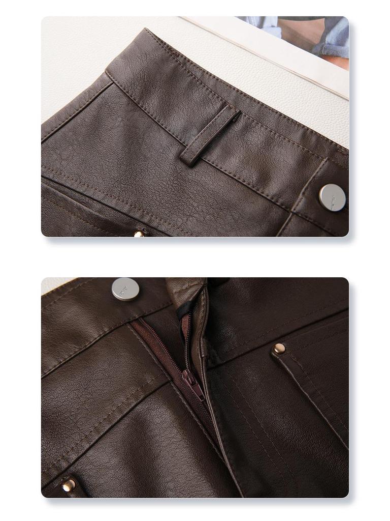 Coffee-Colored PU High-Waisted Mini Skirt, Slimming A-Line Midi, Autumn/Winter 2024 Women's Hip-Hugging Style.