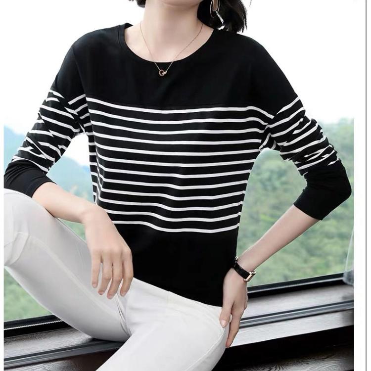M-5XL Long Sleeved T-shirt for Women Fashion Autumn Clothing Loose Round Collar Bottoming Shirt New Striped Top