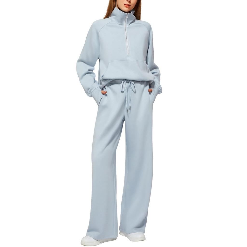 2025Women Coat Pants Set Stand Collar Long Sleeve Zip-up Elastic Cuff Jacket Drawstring Stretchy High Waist Wide Leg Trousers Sport Tracksuit