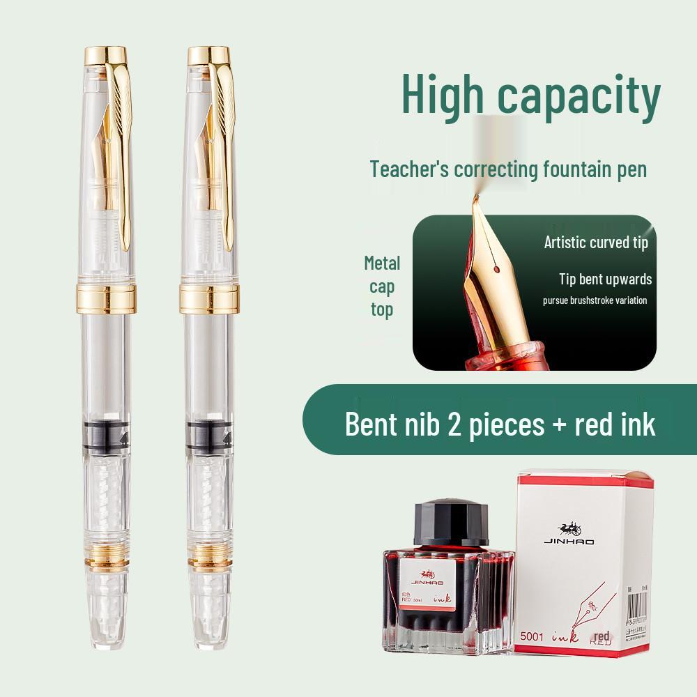 Teacher Correction Fountain Pen with Red Ink - Large Capacity Bent Nib for Grading