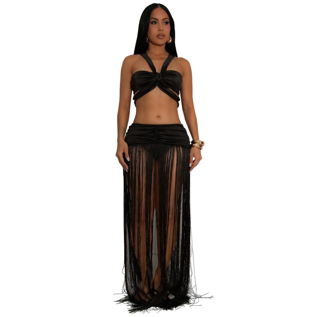 European & American Fashion Women's Sexy Strappy Top and Tassel Long Skirt Two-Piece Set